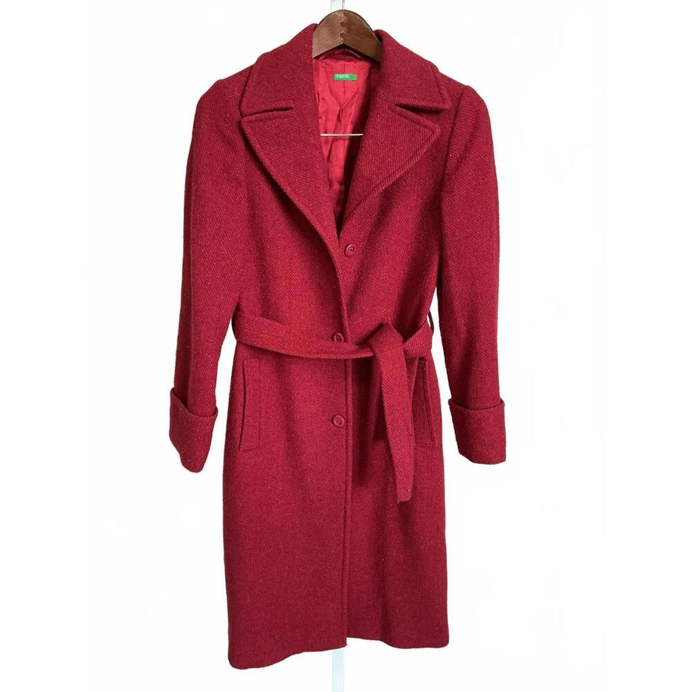 United Colors of Benetton Women's Red Wool Blnd Trench Coat / Belt Retro boho